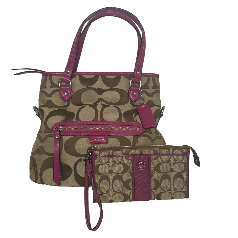 Coach Khaki & Bright Magenta Daisy Outline Signature Mia Tote Bag & Wallet